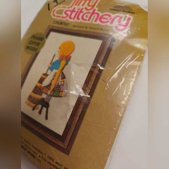 Jiffy Stitchery Crewel Embroidery Kit Churnin' 5x7 Vintage 70s Patchwork Girl - Picture 2 of 7